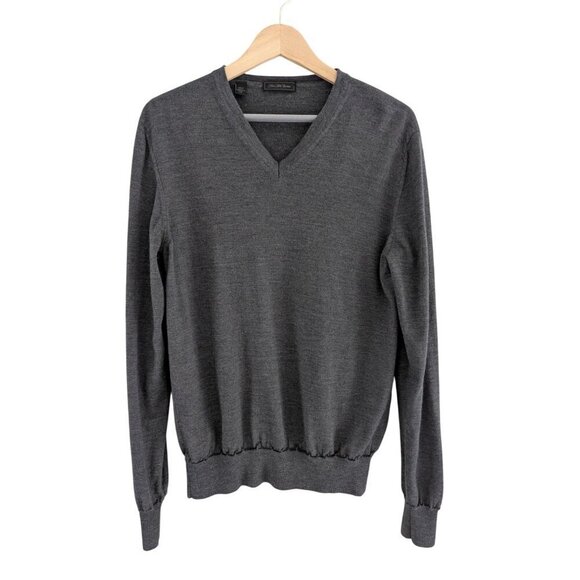 Saks Fifth Avenue Wool Silk V-Neck Minimalist Gray Pullover Sweater Size L - Picture 1 of 8